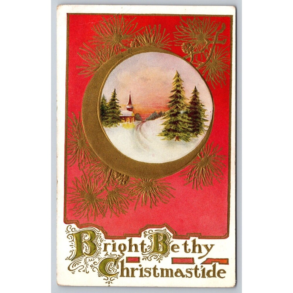 Vintage Antique Christmas Postcard Red Gold Embossed Snow Scene Church